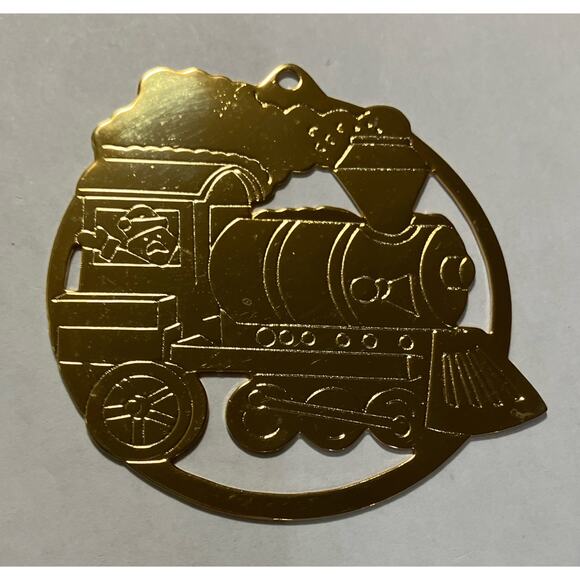 Brass 2.5" Ornament Gold Metal Etched Train Engine Teddy Bear Gloria Duchin - Picture 3 of 6